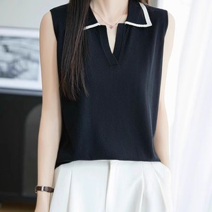拼色POLO领无袖 叠穿马甲 背心女天丝莱赛尔针织衫 衬衣领坎肩夏薄款