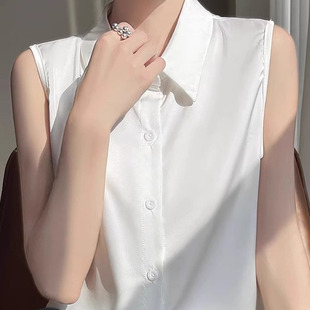 白色无袖绸缎衬衫女25年春经典款法式高级感简约通勤内搭叠穿开衫