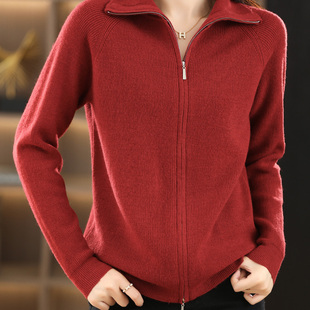 秋冬新款羊毛针织开衫女半高领长袖拉链毛衣外套宽松休闲上衣