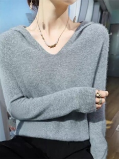 简约气质连帽针织衫女宽松洋气休闲带帽毛衣配大衣薄款卫衣打底衫