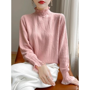 半高领木耳边针织衫女欧根纱拼接小香风打底提花毛衣冬季宽松内搭