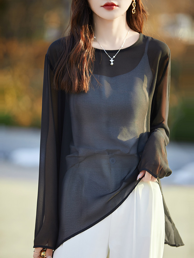 乔其纱长袖防晒衫女夏季新款纯色罩衫超薄空调衫休闲外搭短袖上衣