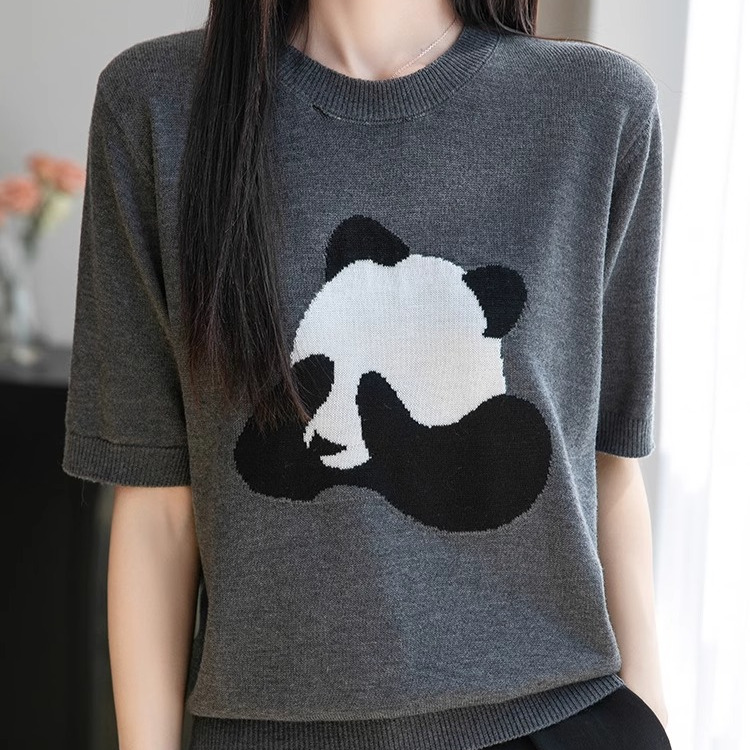 2025新款夏季短袖熊猫刺绣针织衫女轻薄潮流t恤洋气百搭圆领
