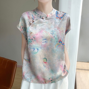 春夏立领通勤气质显瘦醋酸缎面衬衫 新中式 国风真丝印花上衣女短袖
