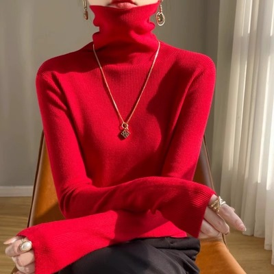 热卖爆款高领毛衣女修身内搭打底衫2025春季新款堆堆领纯色羊毛衫
