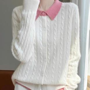 2025春季新款羊绒开衫女式羊绒短款翻领百搭时尚羊毛针织毛衣外套