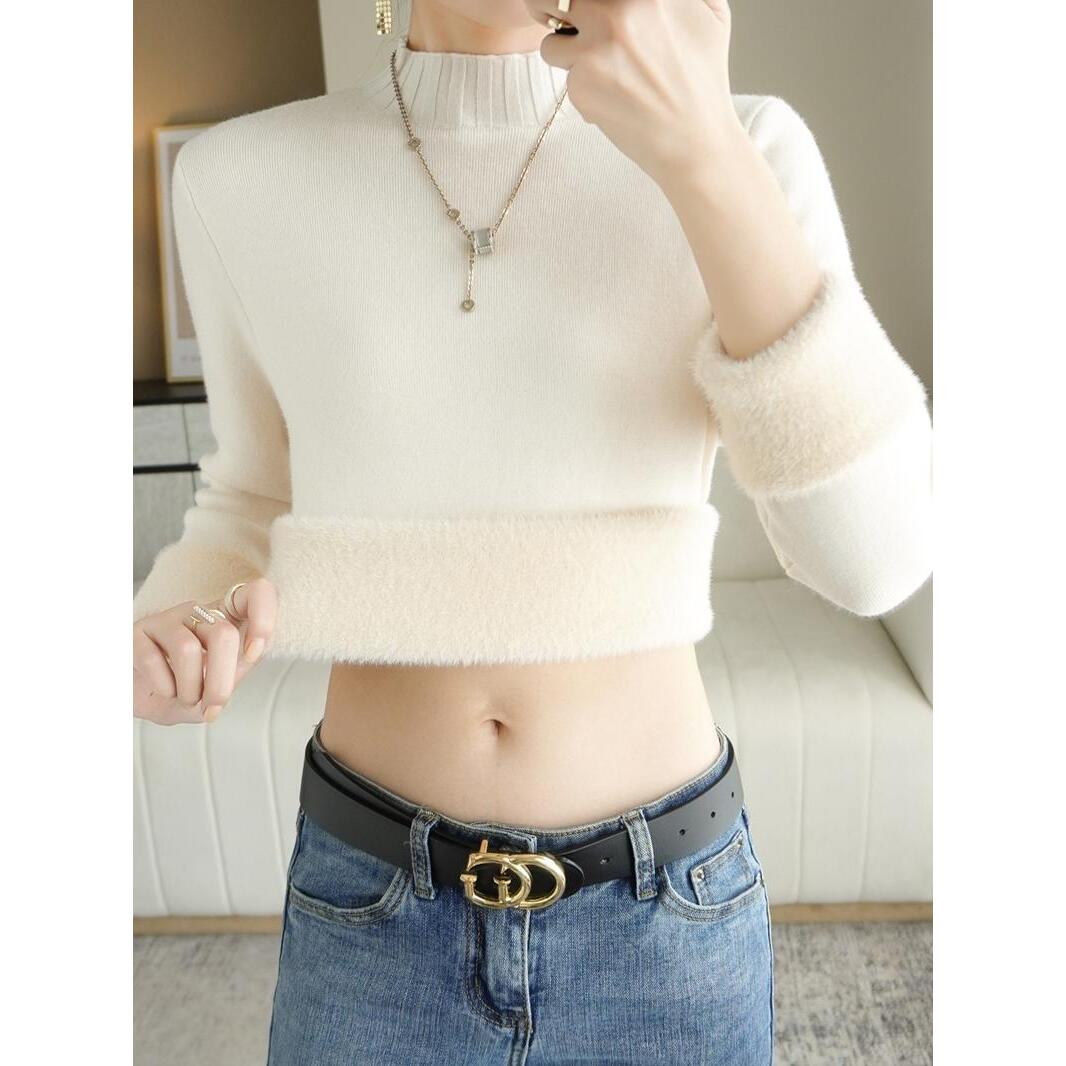 加绒毛衣女一体绒冬季加厚内搭大码修身半高领打底针织衫保暖上衣