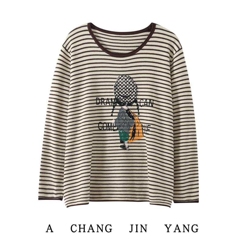 卡通印花条纹圆领长袖天丝棉针织衫女秋冬款宽松百搭减龄毛衣上衣