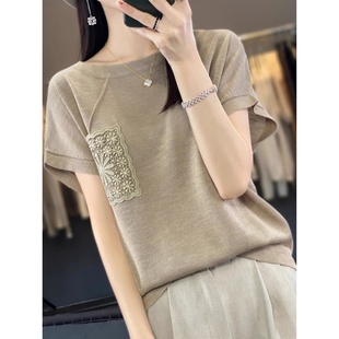 竹节麻短袖T恤女圆领刺绣针织杉宽松夏季新款亚麻显瘦洋气半袖薄