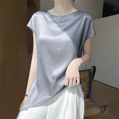 缎面气质短袖t恤女夏宽松短款洋气卡腰小衫一字肩不规则显瘦上衣