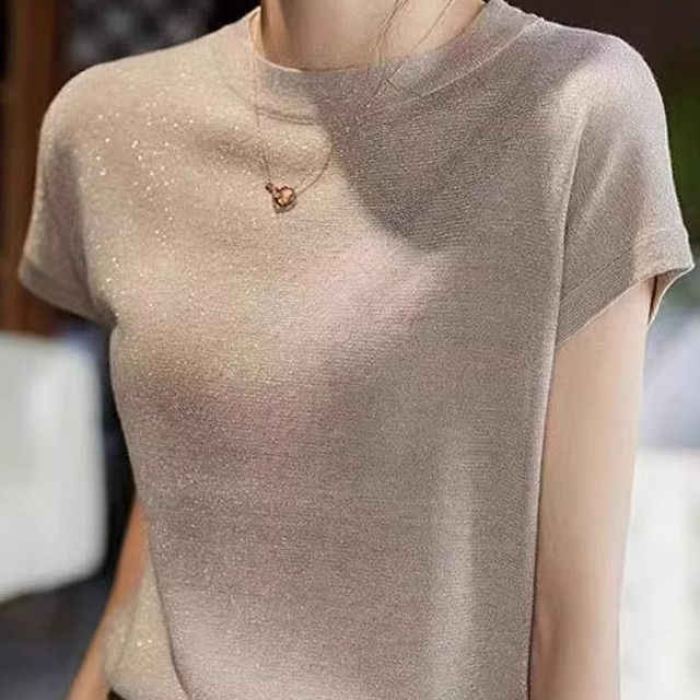 天丝短袖T恤2025新款圆领冰丝针织衫上衣女装欧货宽松薄款亮丝T恤
