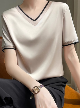 真丝短袖t恤女桑蚕丝上衣春季白色V领25新款醋酸缎面半袖打底衫女