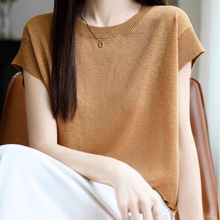 冰麻针织小飞袖 潮 T恤女2025秋薄透气宽松显瘦短袖 上衣打底t恤小衫