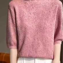 精纺羊毛蕾丝镂空短袖T恤女秋季半高领五分袖亮丝针织打底上衣薄