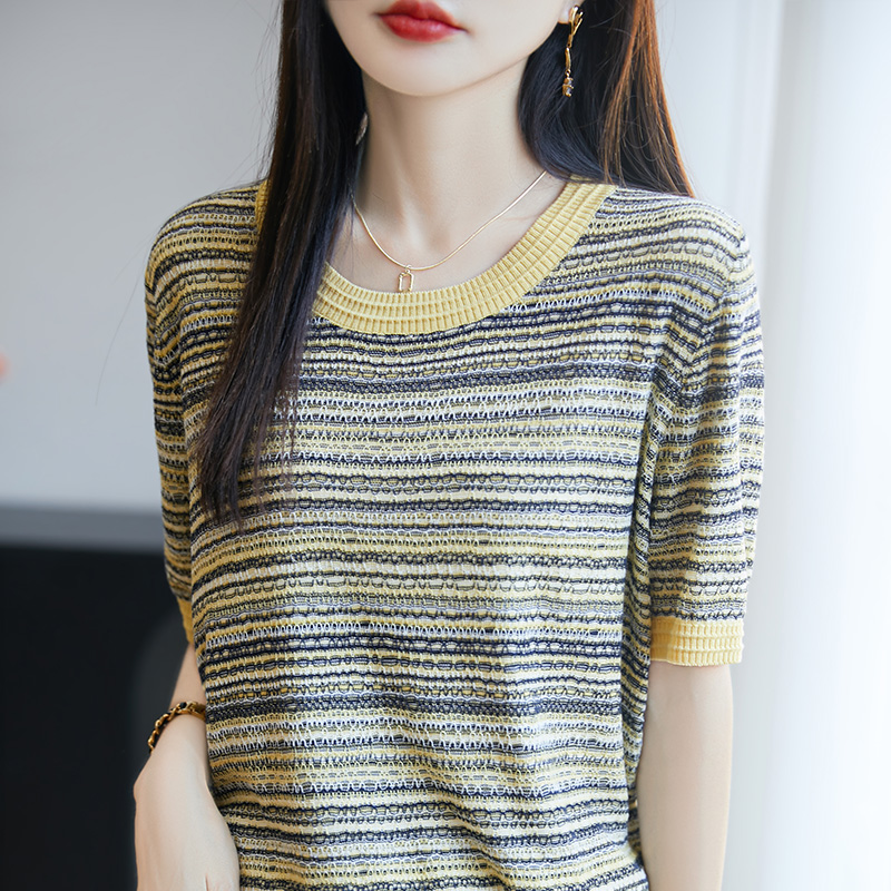 夏季莱赛尔天丝宽松显瘦冰丝针织衫女高级感圆领亚麻短袖t恤上衣