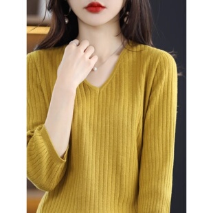 100%纯棉针织衫女秋季V领打底衫宽松显瘦洋气百搭七分袖条纹毛衣