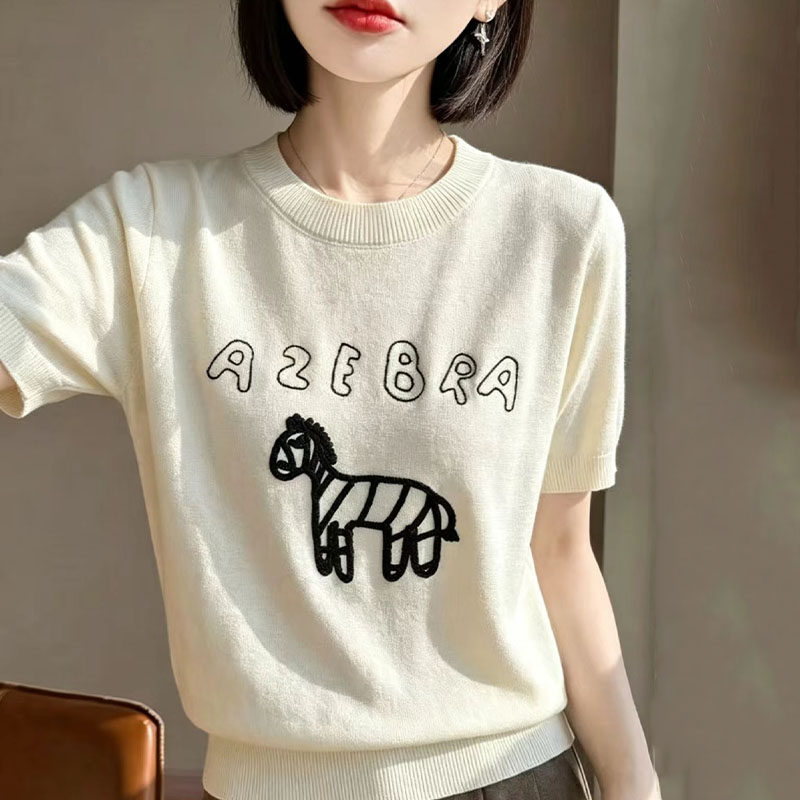卡通斑马刺绣冰丝短袖针织衫女春夏季新款圆领显瘦减龄套头上衣