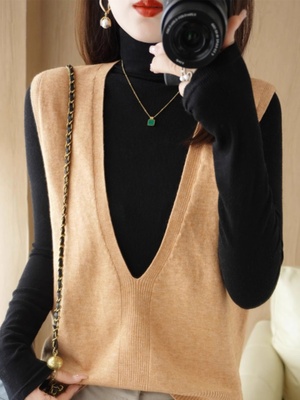 秋季新款羊毛马甲女外搭宽松针织背心无袖大V领洋气羊绒马夹坎肩