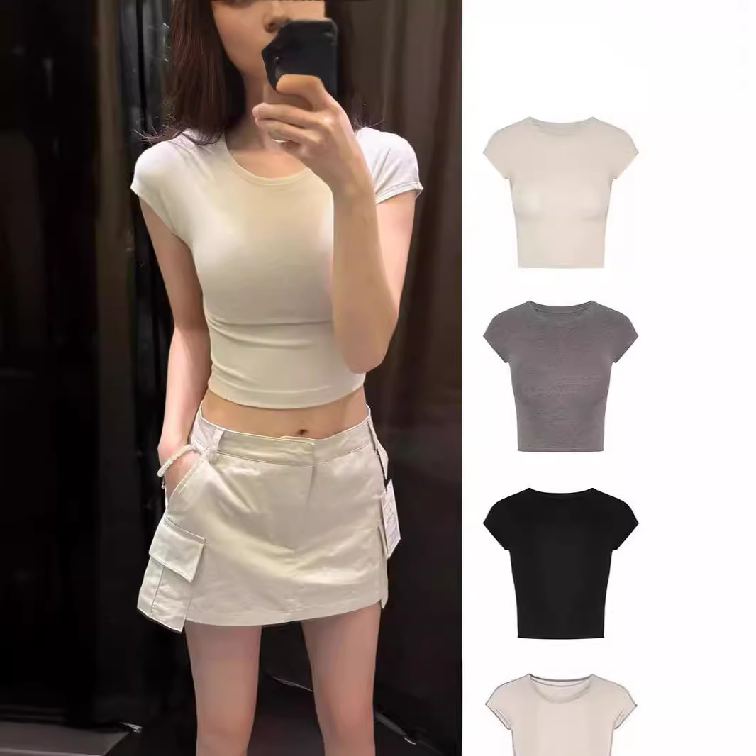 美式辣妹紧身短袖圆领t恤女2024夏季新款纯欲甜辣正肩短款上衣ins