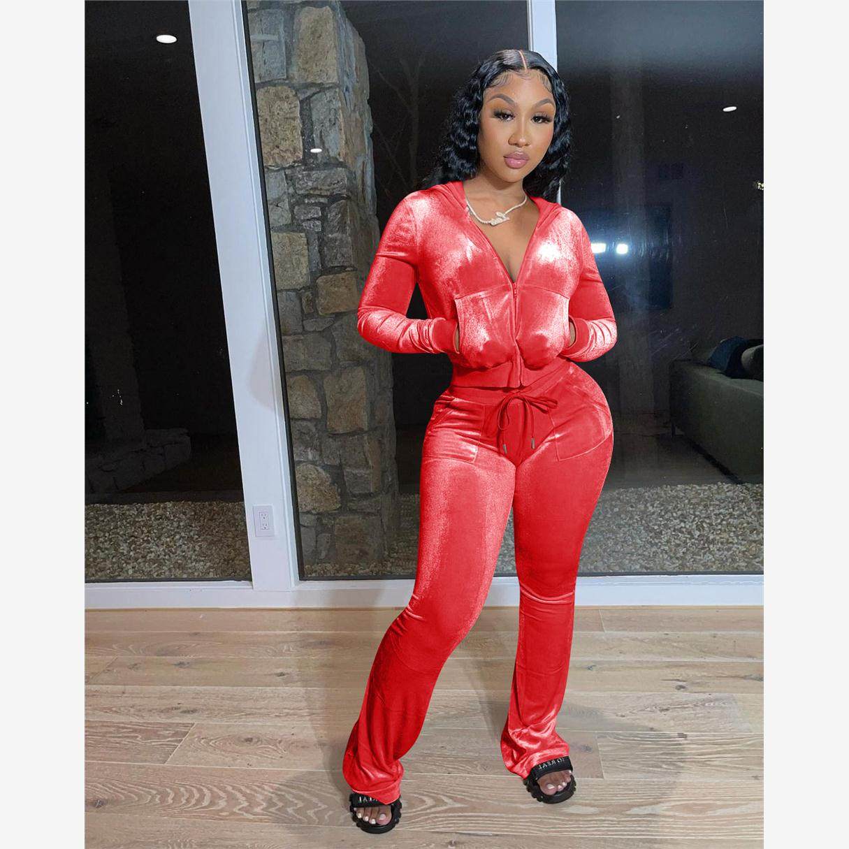 秋冬连帽金丝绒口袋拉链短款长袖卫衣阔腿长裤休闲运动两件套装女