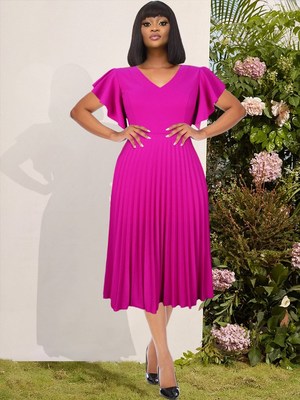234XL V-neck Rose Red Dress for ladies大码女装玫红色连衣裙
