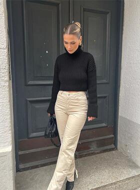 秋冬新品白色欧美跨境时尚高领套头短款长袖针织衫毛衣女sweater