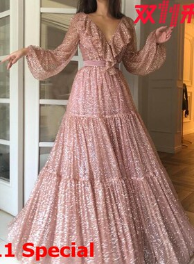 2019 sexy v-neck sequined full-length dress粉色性感V领晚礼服