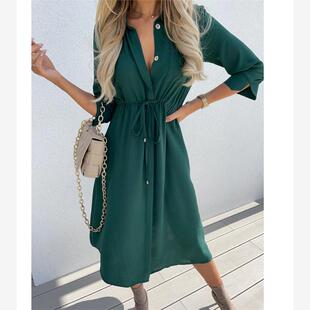 秋季新品职业OL风POLO领单排扣墨绿色系带中长款中袖连衣裙DRESS