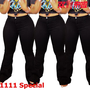 S-3xl Women's fashion black denim bell bottoms大码女喇叭