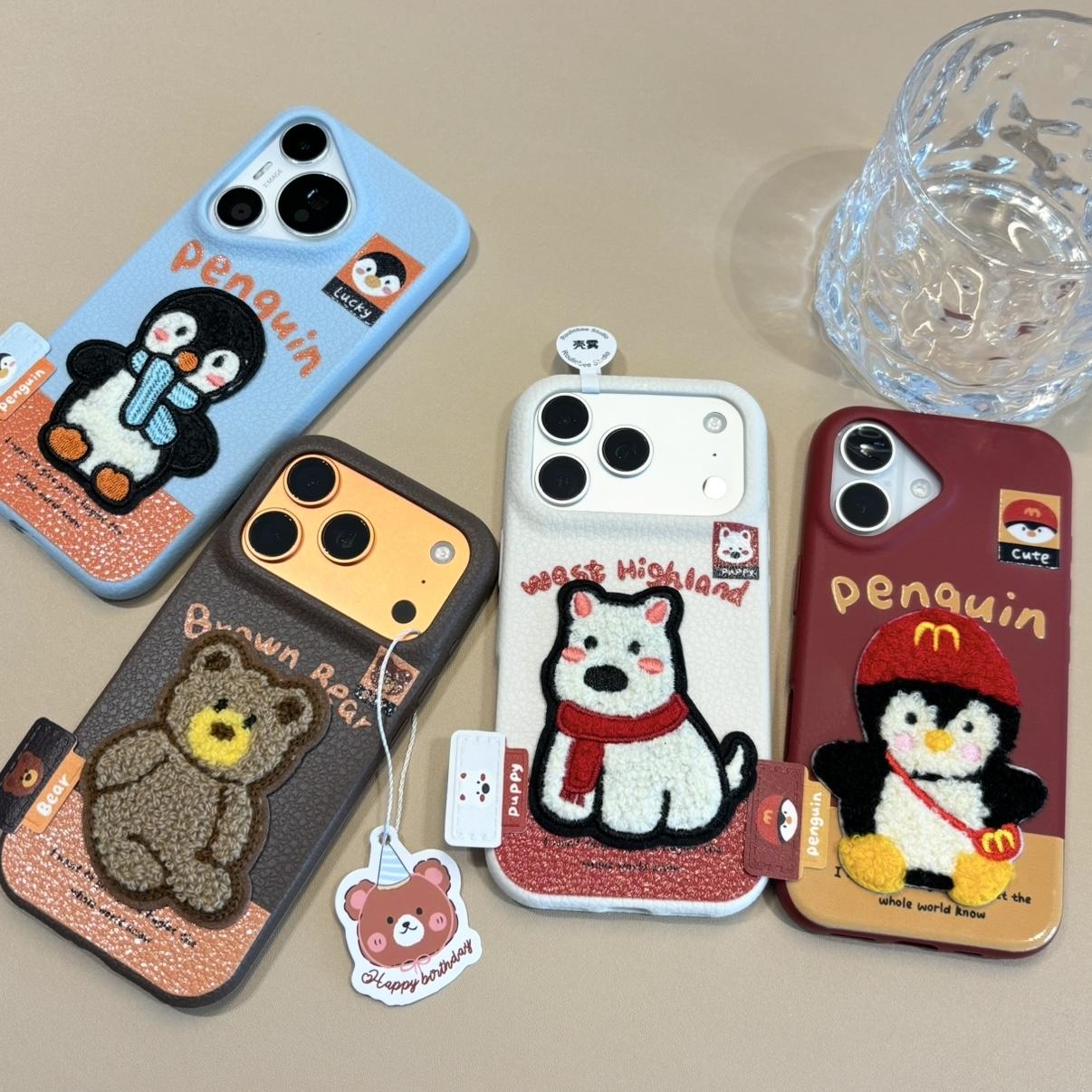 网红围巾刺绣小动物适用iphone17promax手机壳苹果15pro新款16promax可爱13荣耀14保护套华为p70vivo皮纹oppo