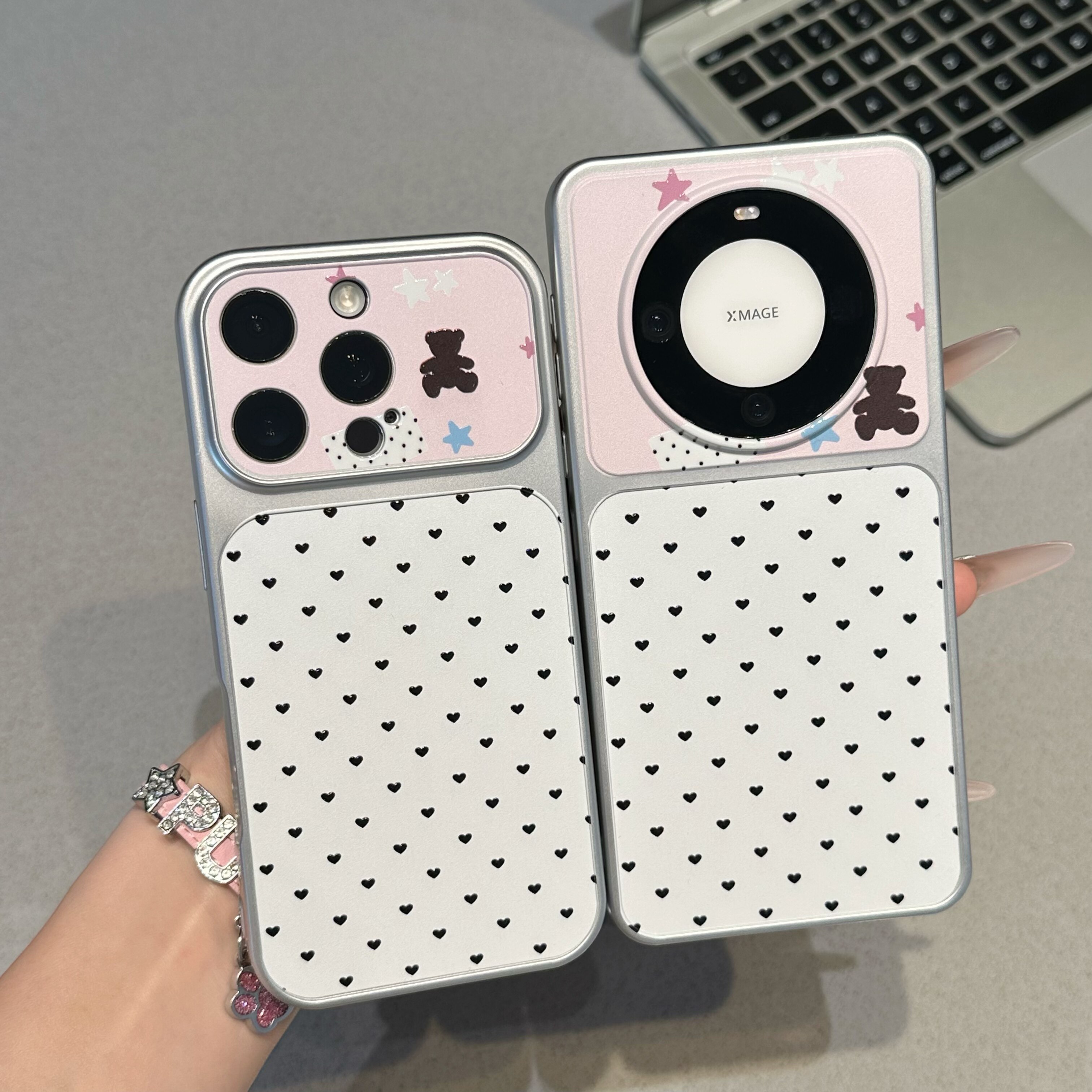 粉底小熊爱心适用苹果16promax手机壳iPhone15新款13华为mate80荣耀p70电镀秒变壳opporeno15小米17pro红米14