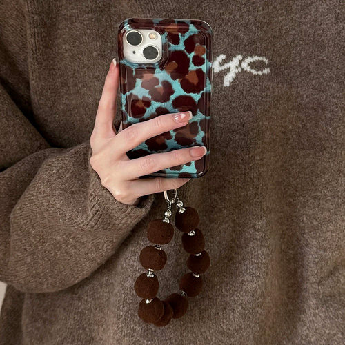 复古INS撞色棕手链手机壳豹纹