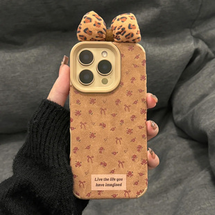 豹纹蝴蝶结适用苹果16promax手机壳16新款 iphone15promax创意13美拉德高级翻毛皮14PRO防摔12小众11全包女款
