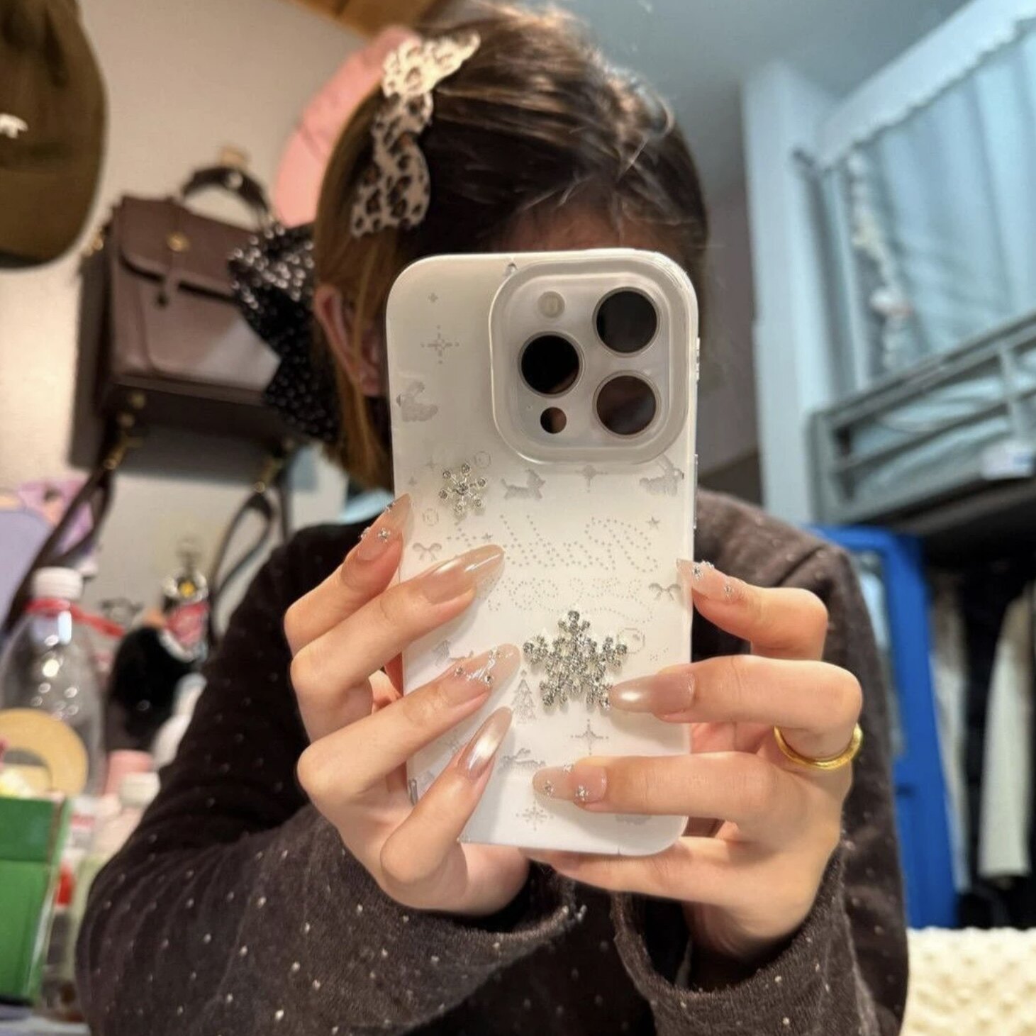 小兔带钻雪花适用苹果17手机壳iPhone15promax新款p70华为mate60p荣耀300高级感vivos20卡通oppo小米17红米14