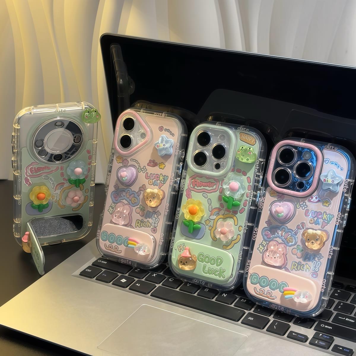 立体花朵公仔适用苹果16手机壳iPhone15promax新款p70华为mate60荣耀200镜面支架vivos20女oppo小米14红米k80