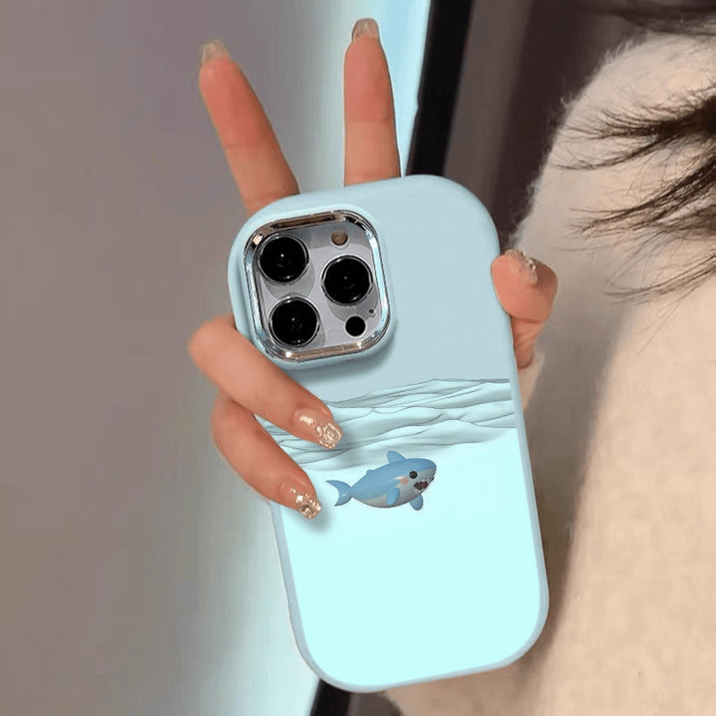 蓝色小鲨鱼适用苹果15promax手机壳iphone14pro新款13高级银框12小众11保护套max个性女防摔x硅胶xr软壳xsmax