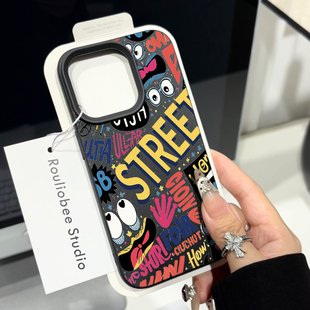 ins街头涂鸦插画适用苹果16promax手机壳iPhone14女新款 11小众荔枝纹15Pro防摔17pro保护套 13皮质软壳12个性