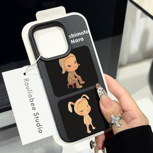 ins暗黑奈良美智起立适用苹果16promax手机壳iPhone17女新款 11小众荔枝纹15Pro防摔14pro保护套 13皮质12时尚