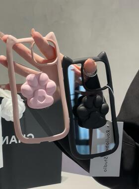 简约猫耳朵可爱猫爪支架适用苹果15promax手机壳iPhone14女新款13透明ins风12个性小众15Pro防摔14pro保护套