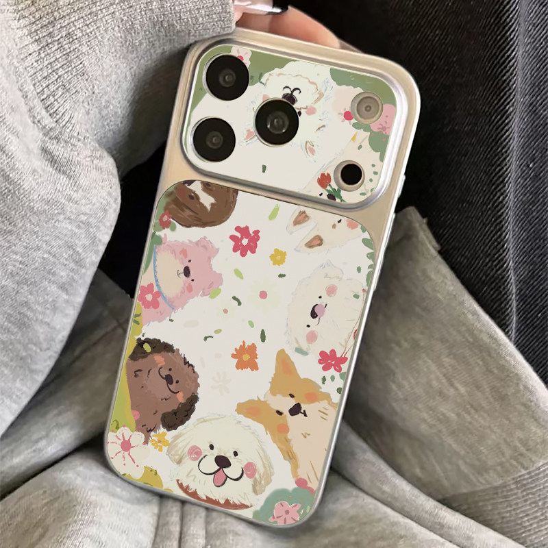 花朵狗狗适用苹果16promax手机壳iPhone15新款13华为mate80荣耀p70电镀秒变壳opporeno15小米17pro卡通红米14