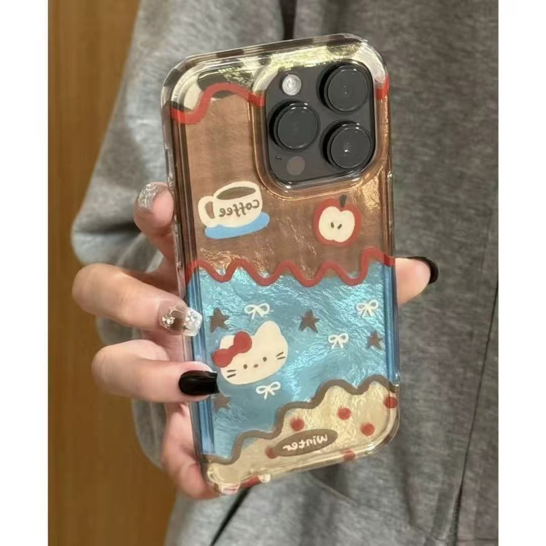 棕蓝kt猫适用苹果16手机壳iPhone15promax新款17华为mate60荣耀vivos19创意opporeno小米14红米note13锡纸纹