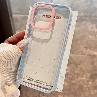 蓝色撞色镜头框适用iPhone15promax手机壳苹果14pro新款16promax透明13亚克力12保护套11防摔16plus男女简约