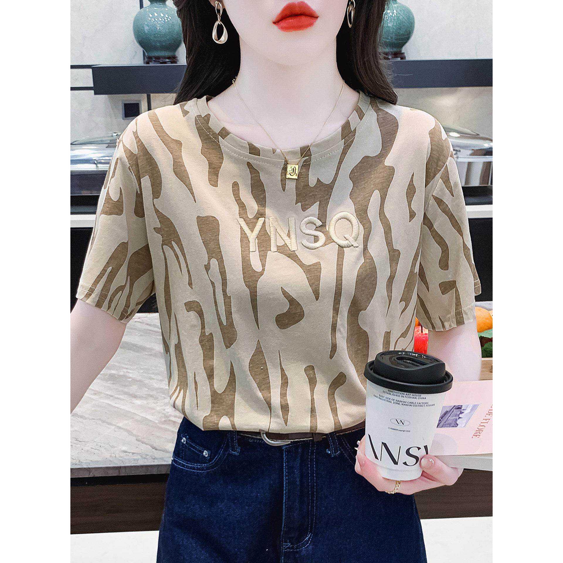 韩国条纹洋气短袖t恤女2026夏季新款宽松慵懒风字母时尚半袖上衣