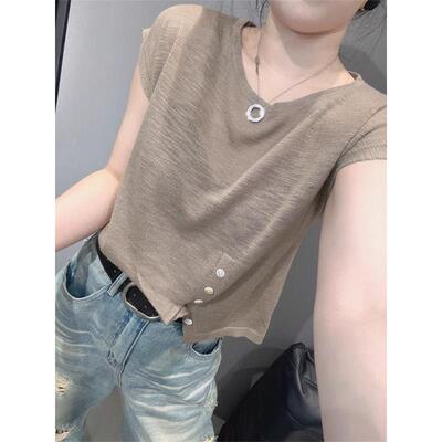 韩国洋气针织短袖t恤女2026夏季新款流行时尚减龄设计不规则上衣