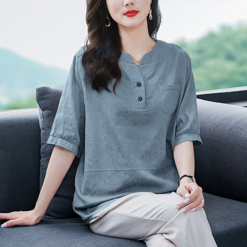 韩国宽松V领纯色短袖t恤女2025夏季新款大尺码洋派休闲 时尚半袖
