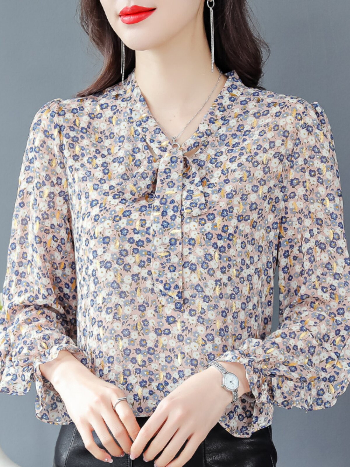 韩国休闲碎花长袖t恤女外穿2025春秋新款时尚洋气宽松休闲上衣潮