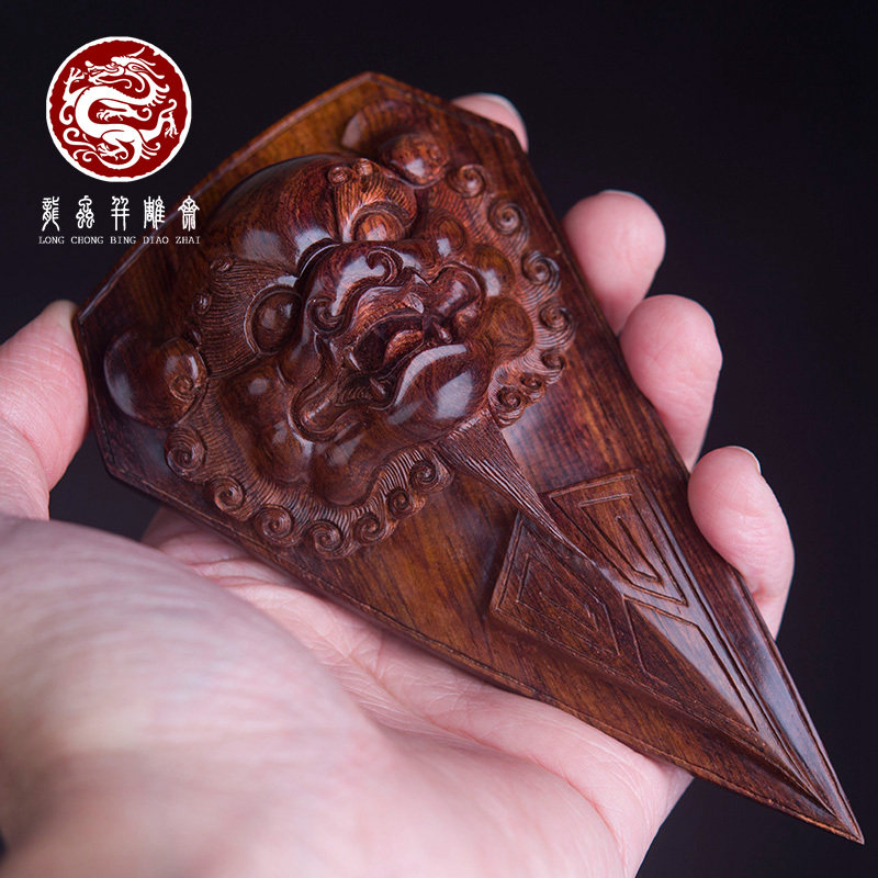 海南黄花梨紫油梨手把件湘工雕刻狮头令牌创意把玩送礼吉祥小摆件