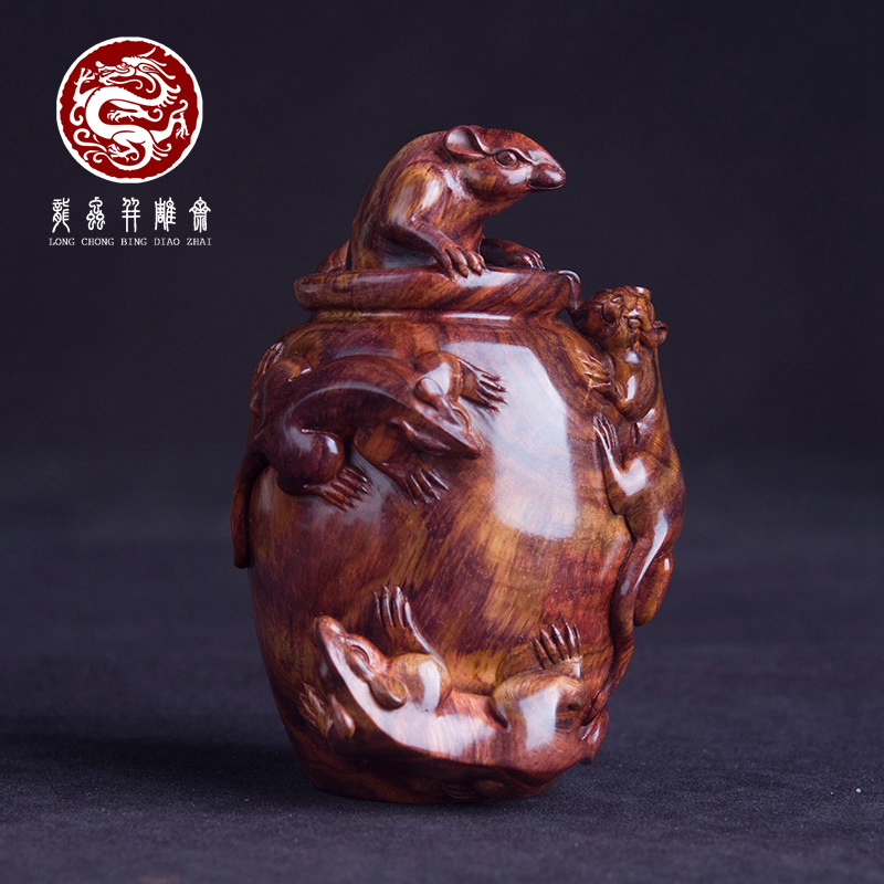 【五子登科】海南黄花梨老鼠摆件紫油梨老料湘工高档家居吉祥雕件