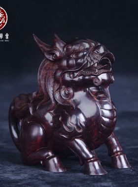 金星印度小叶紫檀麒麟手把件孤品