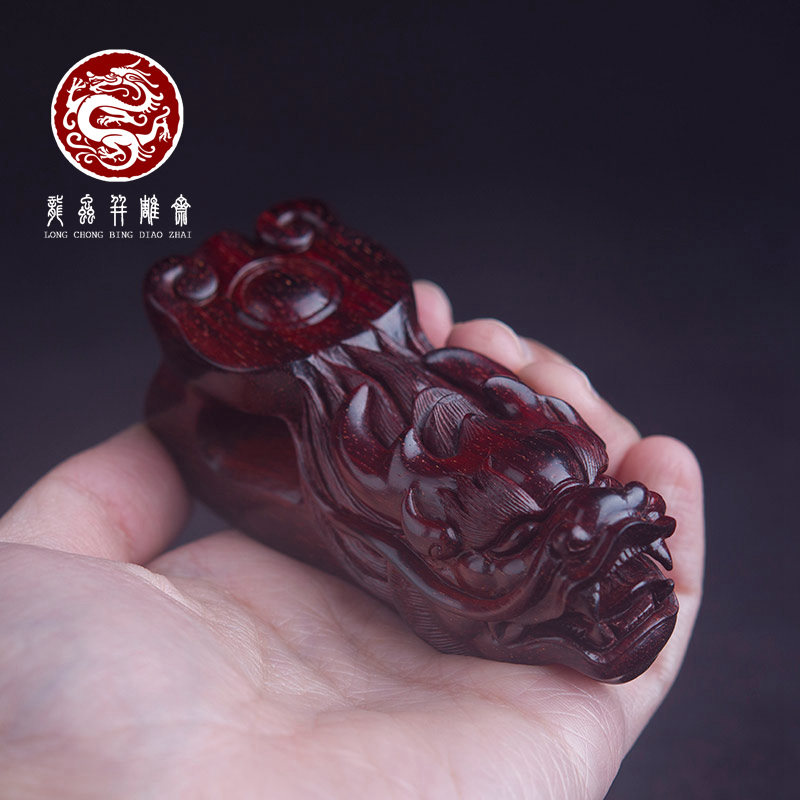 印度小叶紫檀龙头如意手把件金星老料湘工雕刻男士高档实木盘玩